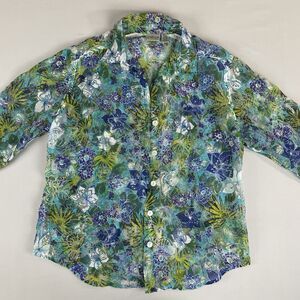 Chico's Sheer Burnout Button Up 3/4 Sleeve Shirt Women's 2 / L Green Floral Bold